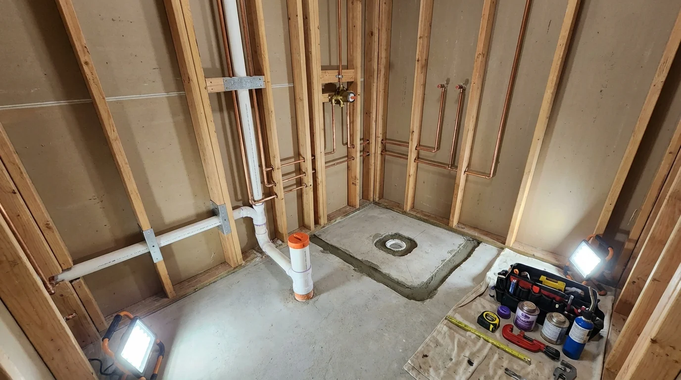 Bathroom rough-in plumbing during remodel by Johns Plumbing LLC in Erie
