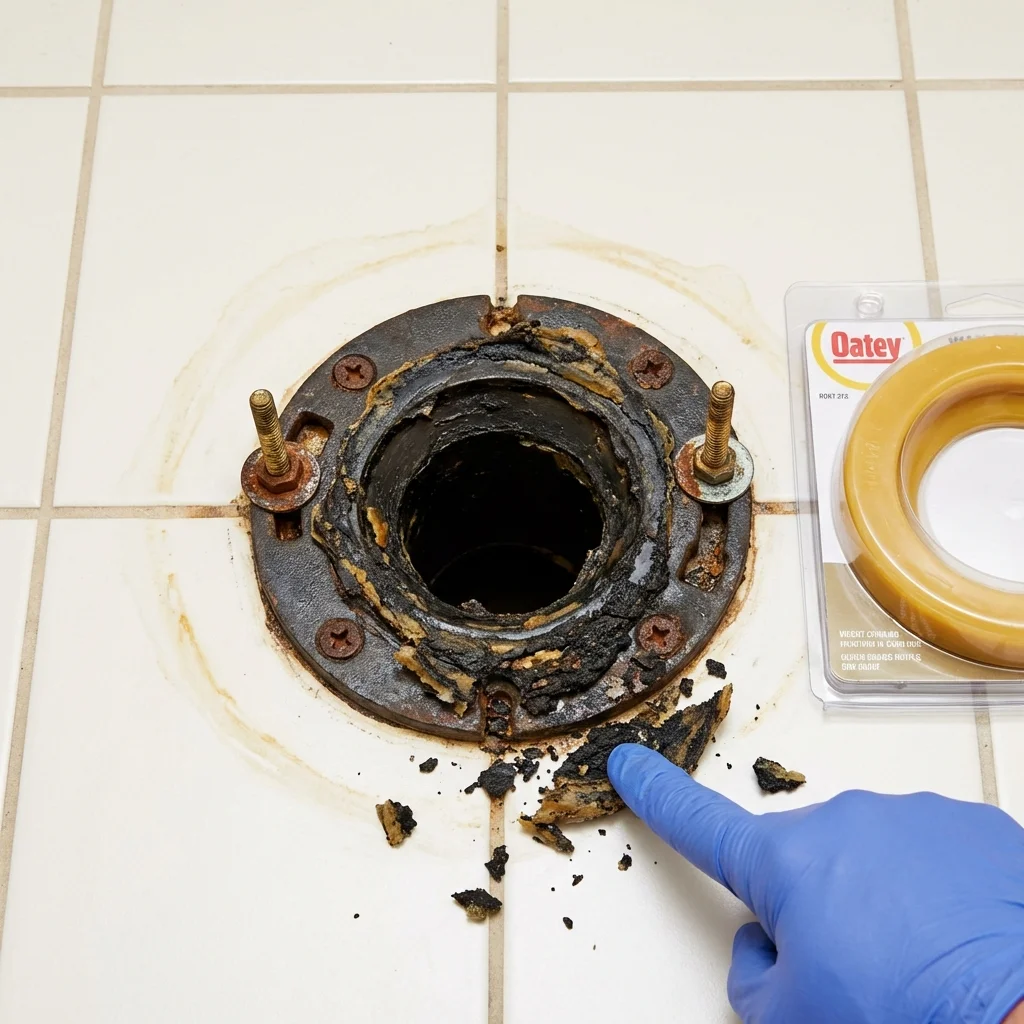 Failed wax ring showing water seepage at the base of a toilet in a Erie, PA home