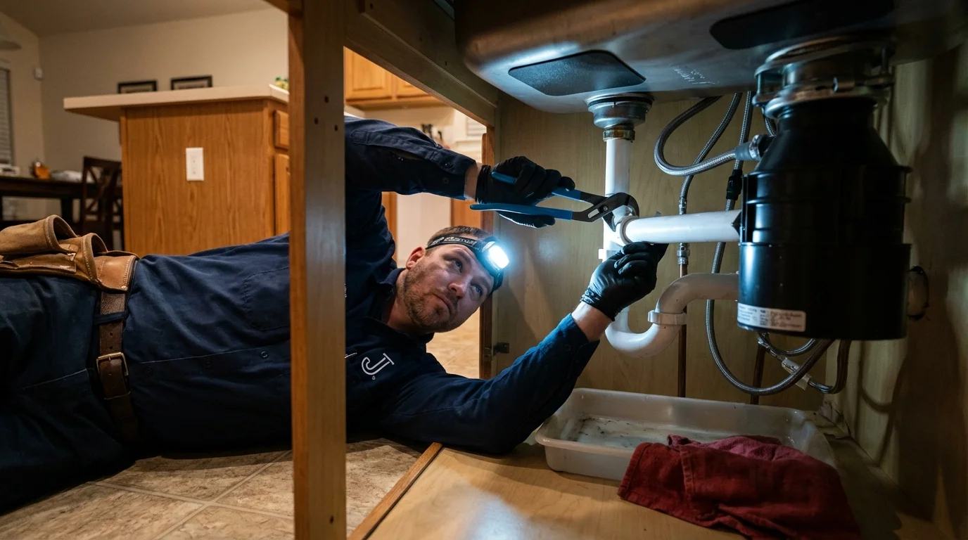 P-trap and supply line connections under a kitchen sink showing a common leak point in Erie, PA